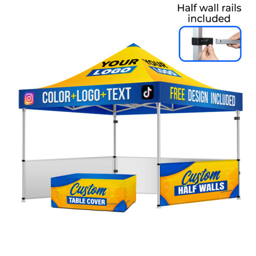 10x10 Custom Canopy Tent with Three Half Walls and Table Cover